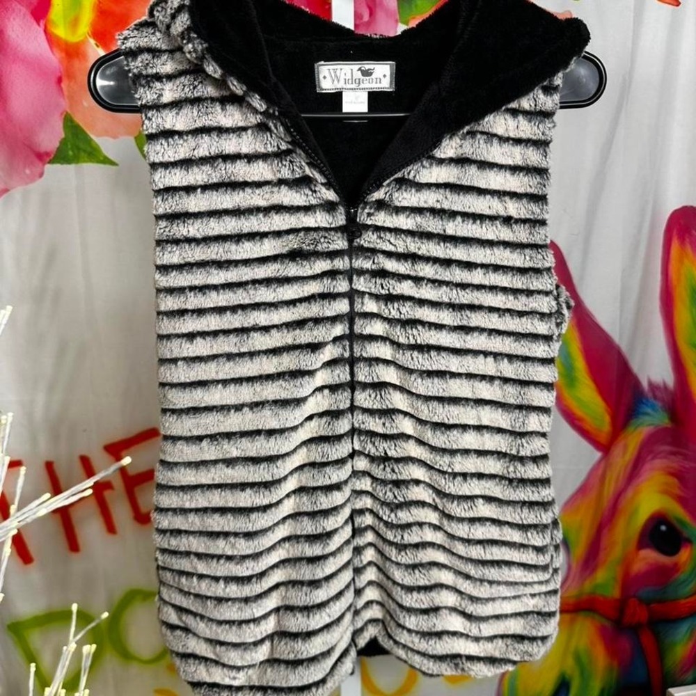 W141. Widgeon - Black & white striped faux fur vest with hood Size L